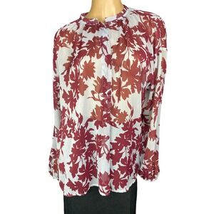 A.New Day Blouse Top Size XXL Blue w/ Burgundy Leaves Long Balloon Sleeves